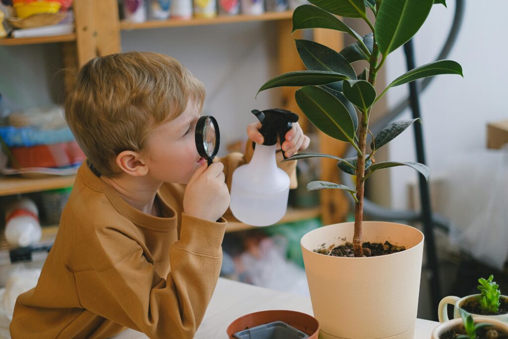 Young boy investigates a potted plant using a magnifying glass and spray bottle indoors.